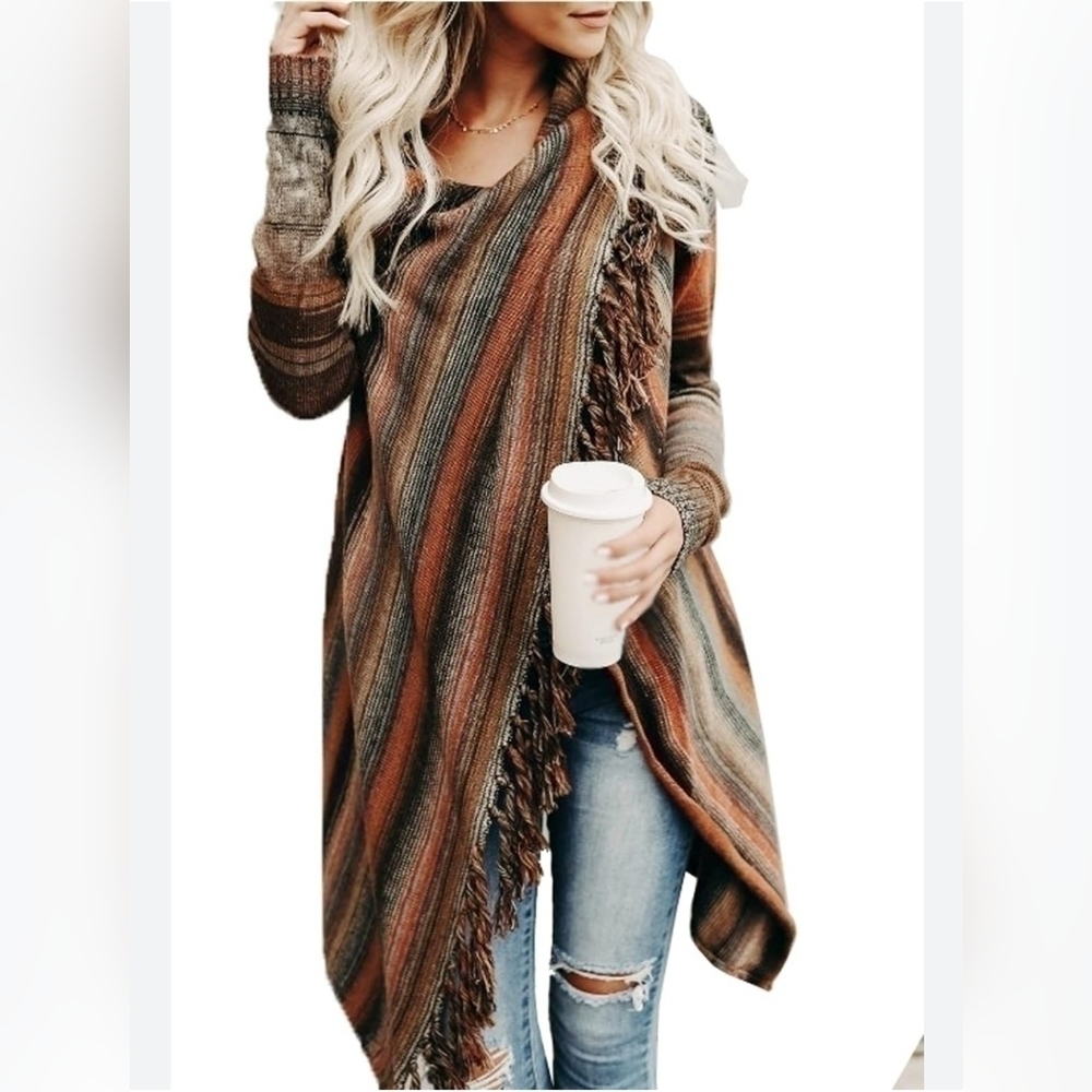 Womens Multi-Color Neutral Bohemian Wrap Cardigan Knit Kimono Stripes Sz.OS - Picture 1 of 9